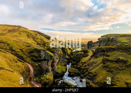 the Fimmvorduhals Trailhead to the canyon at Skogafoss waterfall on Iceland Stock Photo