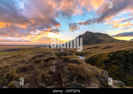 the Fimmvorduhals Trailhead to the canyon at Skogafoss waterfall on Iceland Stock Photo