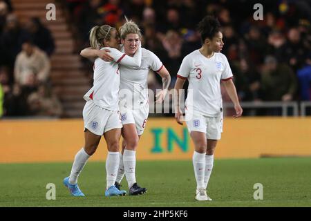 MIDDLESBROUGH, UK. FEB 17TH England's Millie Bright celebrates with Rachel Daly after scoring during the Arnold Clark Cup match between England Women and Canada at the Riverside Stadium, Middlesbrough on Thursday 17th February 2022. (Credit: Mark Fletcher | MI News) Credit: MI News & Sport /Alamy Live News Stock Photo