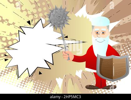 Santa Claus in his red clothes with white beard holding a spiked mace and shield. Stock Vector