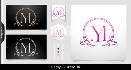 illustration of a emblem monogram, Set of label initial YM or MY letter, Circle gold frame border with ornament pattern. applicable for letterpress, embroidery, invitation wedding monogram, and sign Stock Vector