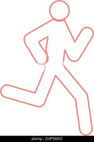 Neon running man - stick red color vector illustration flat style image Stock Vector