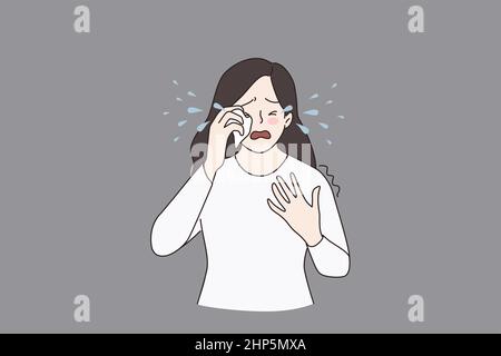 Unhappy girl feel lonely crying having depression Stock Vector