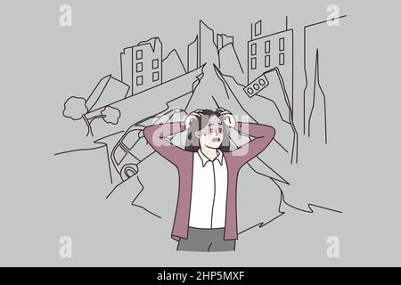 Woman panicking because of earthquake in town Stock Vector