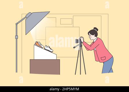 Woman photographer do commercial product shooting Stock Vector