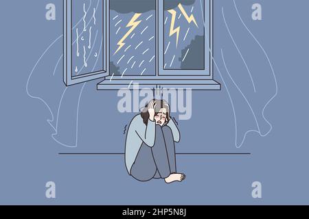 Anxious woman feel scared of thunderstorm at home Stock Vector