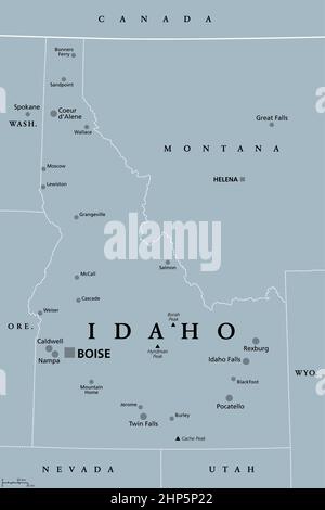 Idaho, ID, gray political map, US state, Gem State Stock Vector