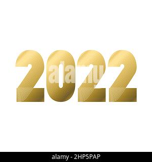2022 Happy New Year. Abstract geometric cover design background. 2022 numbers in thin lines striped style vector illustration. Annual Report, banner, brochure, label, poster. Golden yellow colors Stock Vector