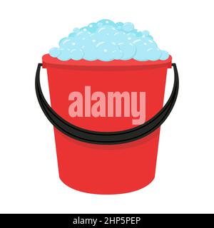 Bucket with soap foam. Vector illustration of a cartoon plastic red bucket with soap foam and bubbles on a white background. Flat style. Stock Vector