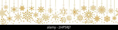 Seamless Christmas ornate vector with snowflakes. Gold Hanger with chain. Stock Vector