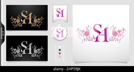 illustration of a monogram SH or HS, Set of label initial HS or SH letter with flower ornament pattern. applicable for letterpress, embroidery, invitation wedding monogram, and sign Stock Vector