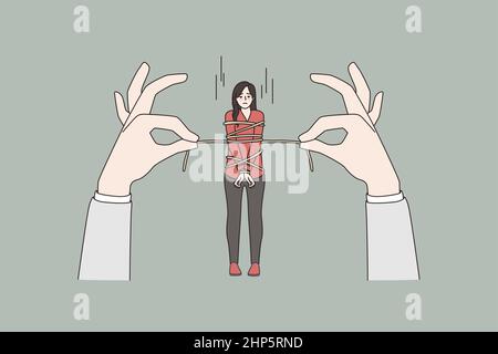 Stressed woman tied with rope by huge hands Stock Vector