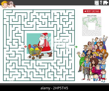 maze game with cartoon Santa Claus and people crowd Stock Vector
