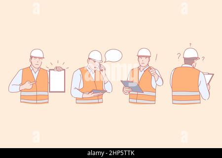 Construction engineer work, planning and communication, negative emotions concept Stock Vector