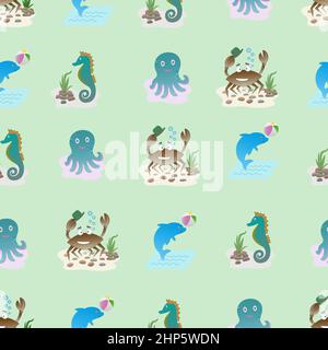 Seamless pattern with cartoon marine life crab, seahorse, dolphin, octopus for childrens theme print Stock Vector