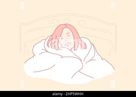 Good morning, home coziness, awaking woman concept Stock Vector
