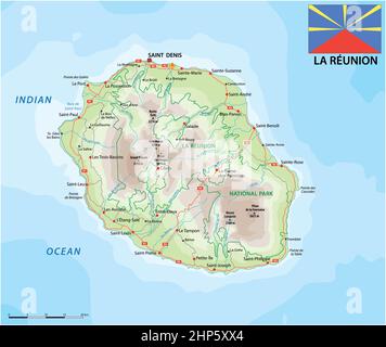 la reunion road and national park vector map with flag Stock Vector