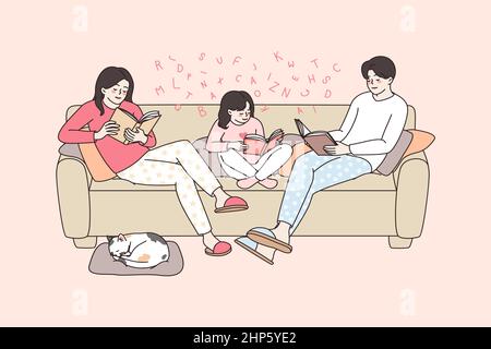 Happy family with kid reading at home on weekend Stock Vector