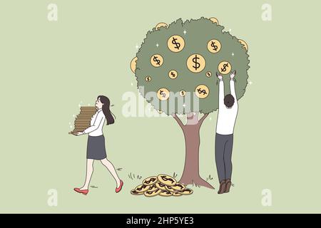 Businesspeople collect money coins from tree get dividend Stock Vector