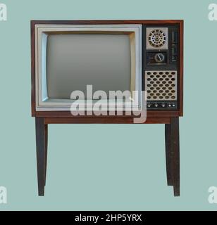 Vintage TV. Old retro TV set in wooden cabinet on isolated green background with clipping path. Stock Photo