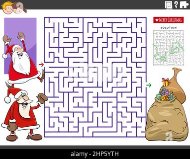 maze game with cartoon Santa Claus characters and gifts Stock Vector