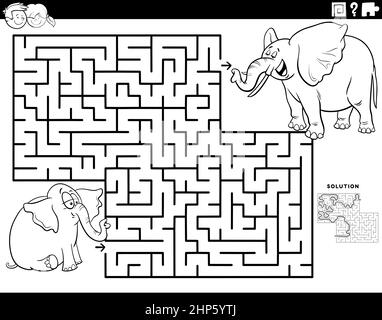 maze with baby elephant with mom coloring book page Stock Vector