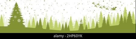 christmas firs with falling flakes and flying santa claus Stock Vector