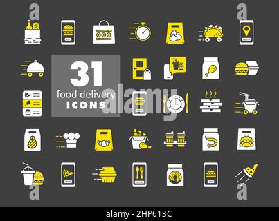 Fast food delivery vector flat icons set Stock Vector