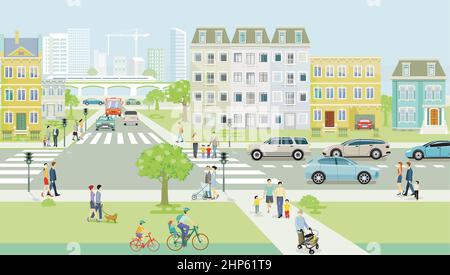 City silhouette with pedestrians on the crosswalk and public transport and people on the sidewalk, illustration Stock Vector