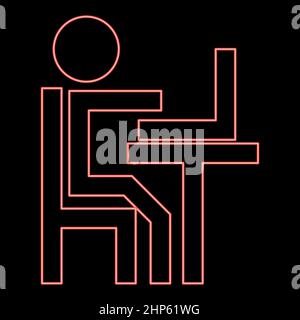 Neon human working at the laptop red color vector illustration flat style image Stock Vector