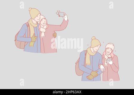 Selfie outside, young couple taking pictures concept Stock Vector