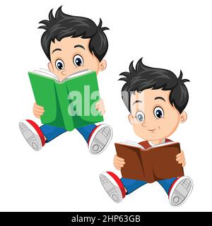 Vector illustration of Schoolboy cartoon reading a book Stock Vector