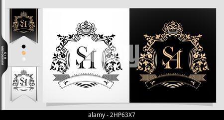 SH or HS initial letter and graphic name Frames Border of floral designs with two variation colors, SH or HS Monogram, for insignia, initial letter frames, wedding couple name. Stock Vector