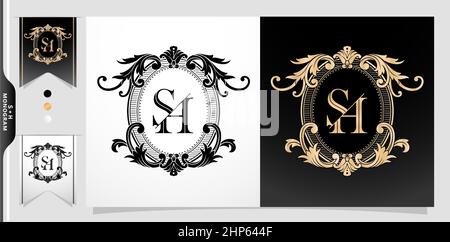 illustration of a SH or HS monogram, coat of arms SH initial letter. graphic name Frames and Border of floral designs, applicable for insignia, wedding couple name, badge label premium design Stock Vector