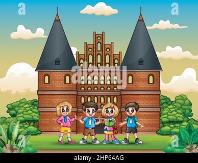 Cartoon of Happy school children standing in front of Holstentor building Stock Vector