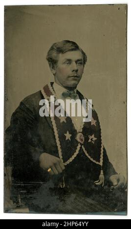 Antique circa 1860 tintype photograph, a man with fraternal collar. Location unknown, USA. SOURCE: ORIGINAL TINTYPE Stock Photo