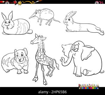 cartoon animals characters set coloring book page Stock Vector