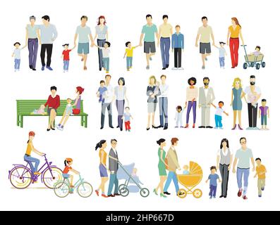 different parents with babies and children, families groups isolated on white Stock Vector