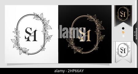 illustration of floral frame for SH or HS initial letter and graphic name, Monogram, for Wedding couple symbolic, company and icon business, with two colors variation designs monochrome and golds. Stock Vector