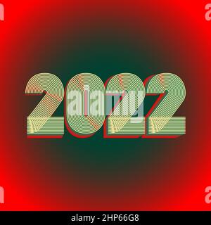 2022 Happy New Year. Minimalist abstract geometric cover design background. 3d dimensional 2022 numbers in thin lines striped style vector illustration. Banner, brochure, label. Neon red green colors Stock Vector