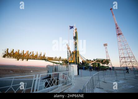The Soyuz TMA-15M spacecraft is seen after being raised into a vertical position on the launch pad on Friday, Nov. 21, 2014 at the Baikonur Cosmodrome in Kazakhstan. Stock Photo