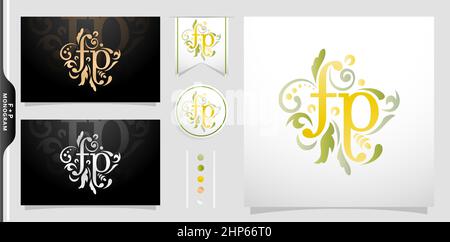 illustration of a monogram FP or PF, Set of label initial FP or PF letter with floral ornament pattern. applicable for letterpress, embroidery, invitation wedding monogram, and sign. Stock Vector