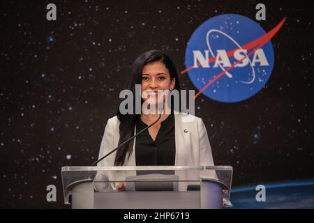 NASA’s Associate Administrator for Communications, Bettina Inclán, moderates a postlaunch news conference inside the Press Site auditorium at NASA’s Kennedy Space Center in Florida on May 30, 2020, following the launch of the agency’s SpaceX Demo-2 mission to the International Space Station. Stock Photo