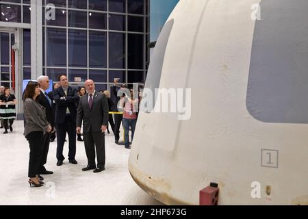 Vice President Mike Pence, second from left, tours the Blue Origin Manufacturing Facility near NASA's Kennedy Space Center in Florida, on Feb. 20, 2018. At far left is the vice president's wife, Karen Pence. To the right of Vice President Pence are acting NASA Administrator Robert Lightfoot and Blue Origin CEO Robert Smith. Pence viewed the flown New Shepard Booster and Crew Capsule. Stock Photo