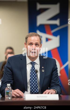 NASA Administrator Jim Bridenstine, speaks with NASA leadership by video conference, Monday, April 23, 2018 at NASA Headquarters in Washington. Stock Photo