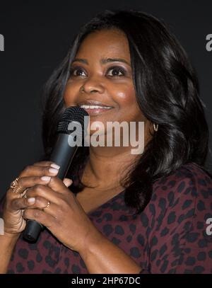 Actress Octavia Spencer, who plays Dorothy Vaughan in the film 'Hidden Figures' speaks at the premiere of the film after a reception to honor NASA's 'human computers' on Thursday, Dec. 1, 2016, at the Virginia Air and Space Center in Hampton, VA. Stock Photo