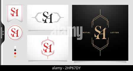 SH initial letter and graphic name, SH Monogram, for Wedding couple monogram, logo company and icon business, with black and white colors, golds colors  and red colors gradient. Stock Vector