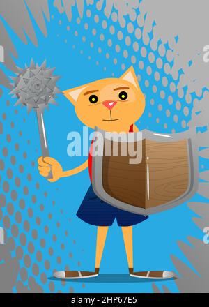 Funny cartoon cat holding a spiked mace and shield. Stock Vector