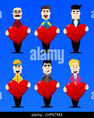 Funny cartoon man dressed for winter hugging big red heart. Stock Vector