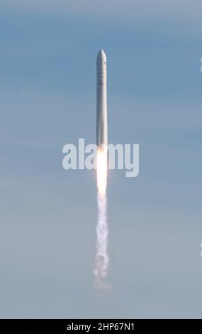 The Northrop Grumman Antares rocket, with Cygnus resupply spacecraft onboard, launches from Pad-0A, Saturday, Feb. 15, 2020 at NASA's Wallops Flight Facility in Virginia.
